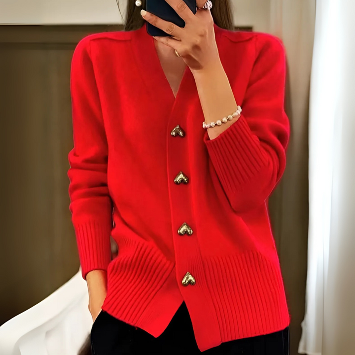 Roter Cardigan für Damen mit Rippbündchen, V-Ausschnitt und herzförmigen Knöpfen