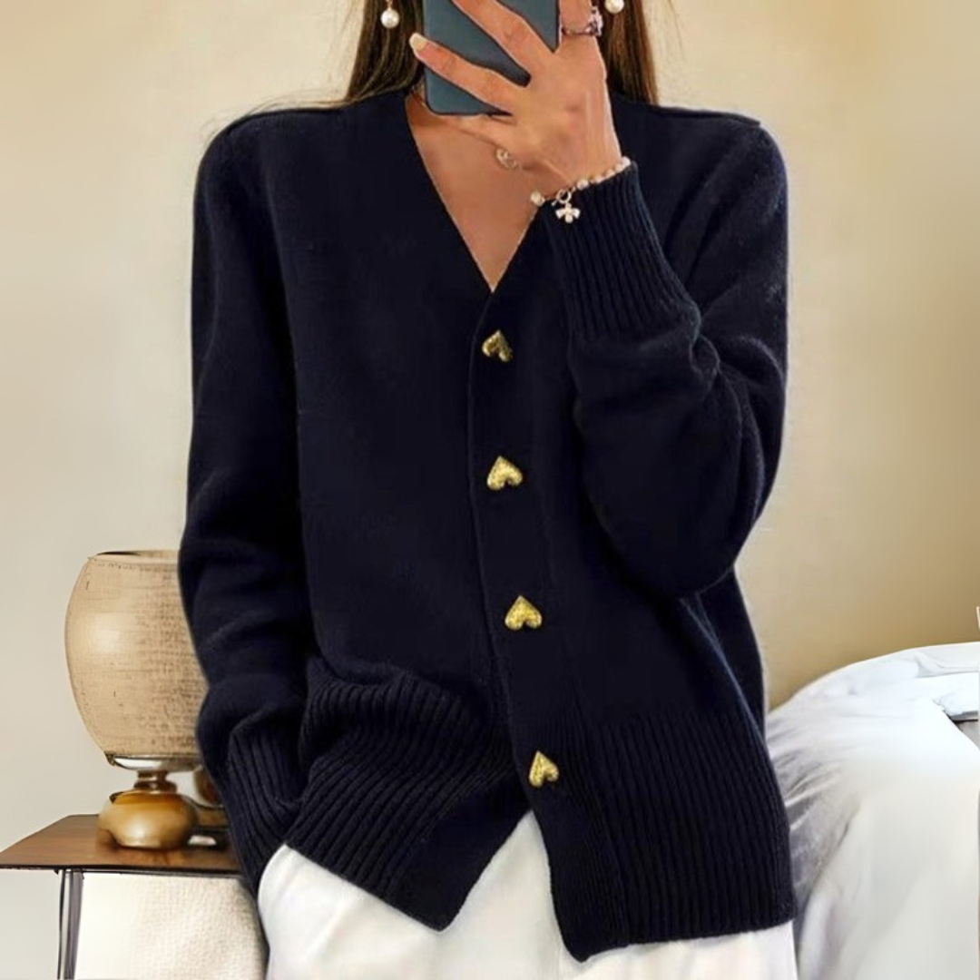 Schwarzer Cardigan für Damen mit klassischem V-Ausschnitt, Rippbündchen und herzförmigen Knöpfen