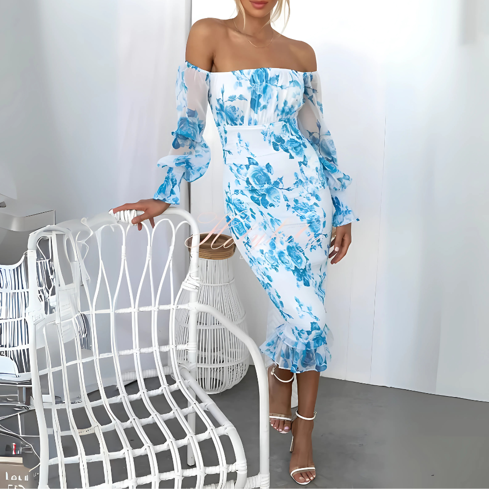 Carista blaues timeless flattering floral Kleid für Damen, mit erfrischendem blauen Blumenmuster und elegantem, schmeichelndem Schnitt für einen