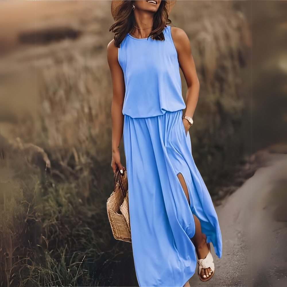 Catarina atemberaubendes ärmelloses Maxikleid für Damen in Blau, mit einer schmeichelhaften Passform und stilvollem Design