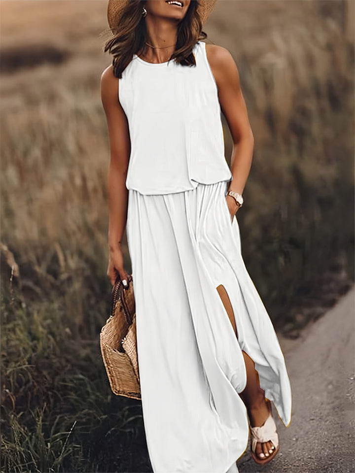 Catarina atemberaubendes ärmelloses Maxikleid für Damen in Weiß, mit einem eleganten und sauberen Design