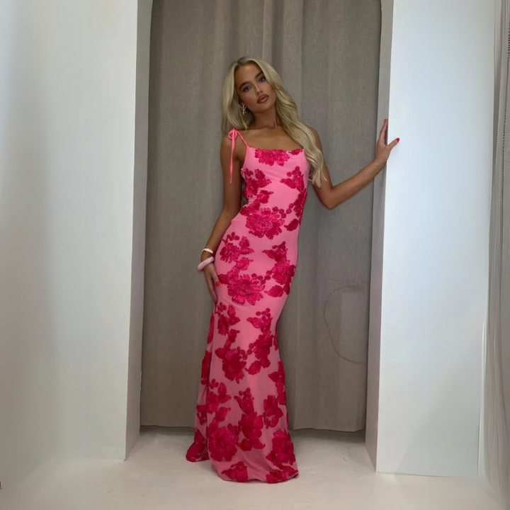 Clarinda Elegantes Rosafarbenes Blumenmuster Maxikleid für Damen