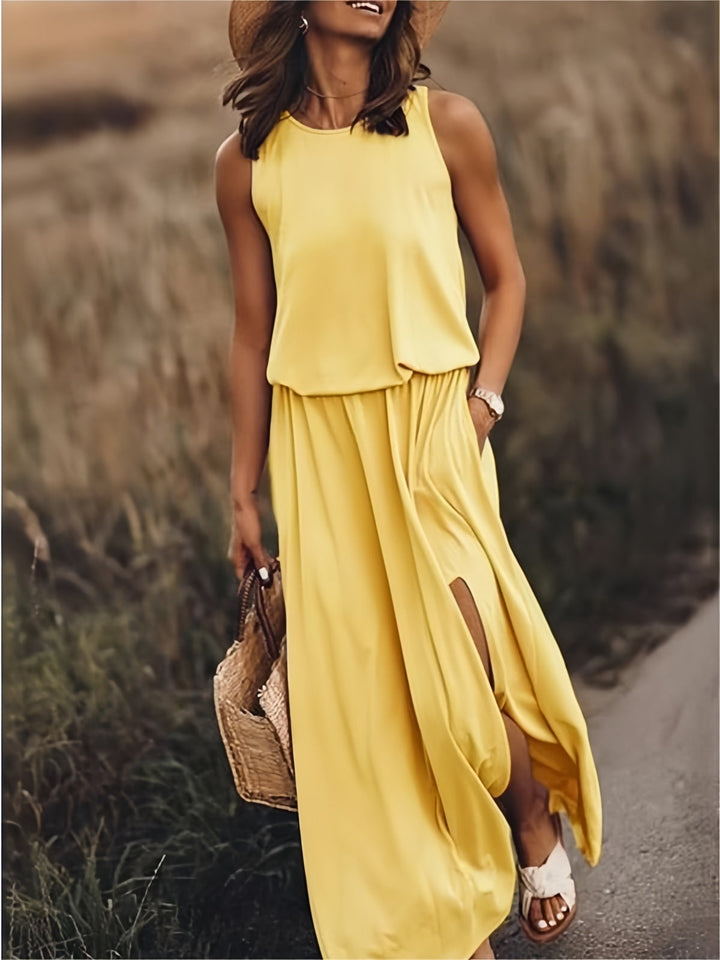 Clarine schmeichelhaftes Maxikleid für Damen in Gelb, kombiniert eine helle und fröhliche Farbe mit einer schmeichelhaften Silhouette,
