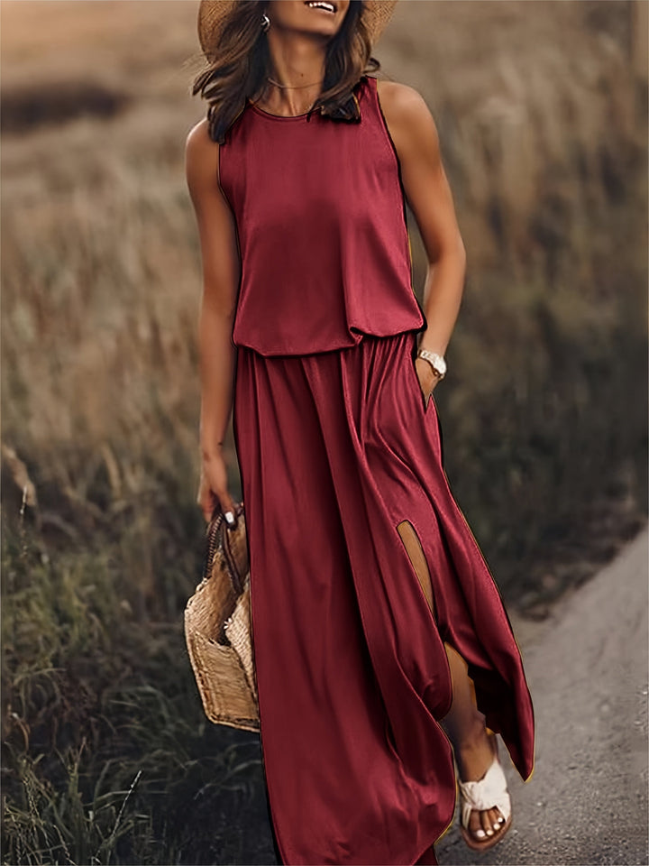  Clarine schmeichelhaftes Maxikleid für Damen in Rot, mit einem auffälligen und eleganten Design, ideal für formelle Zusammenkünfte und Dinnerpartys.