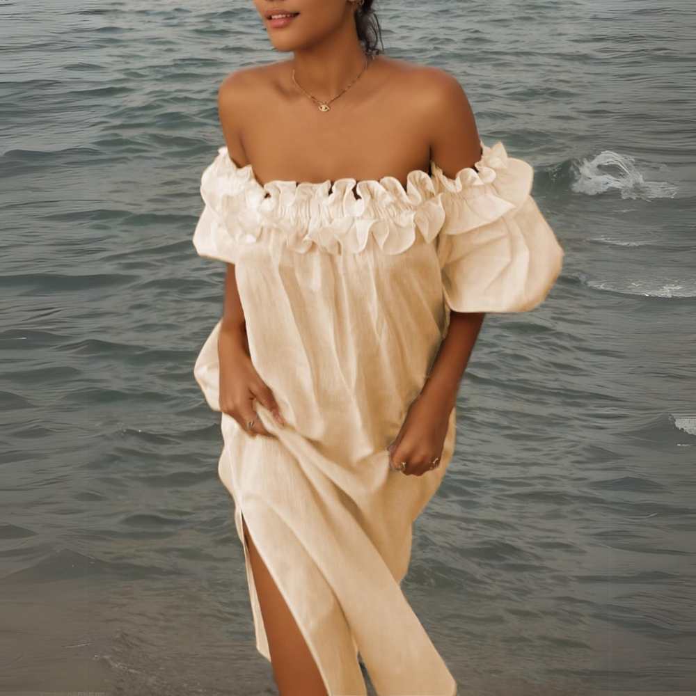 Claudea beige Rüschenschulter Midi-Kleid, designed mit weichem Stoff und zarten Details, perfekt für einen lässigen, aber stilvollen Sommerlook.