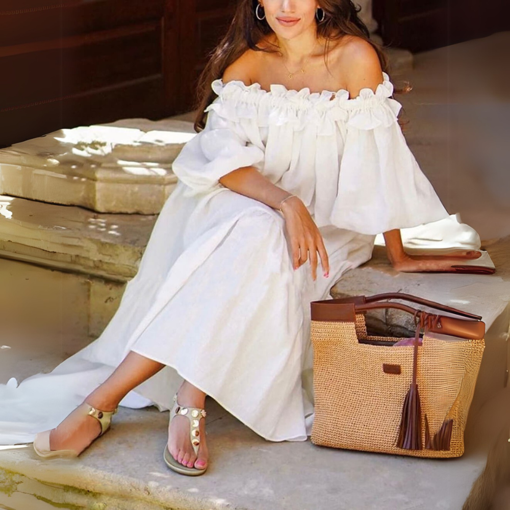 Claudea weißes Rüschenschulter Midi-Kleid mit floralen Akzenten, ideal für Frühlings- oder Sommerveranstaltungen.