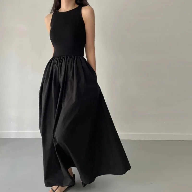 Damen Ärmelloses Midikleid Mit Rundhalsausschnitt und Geraffter Taille