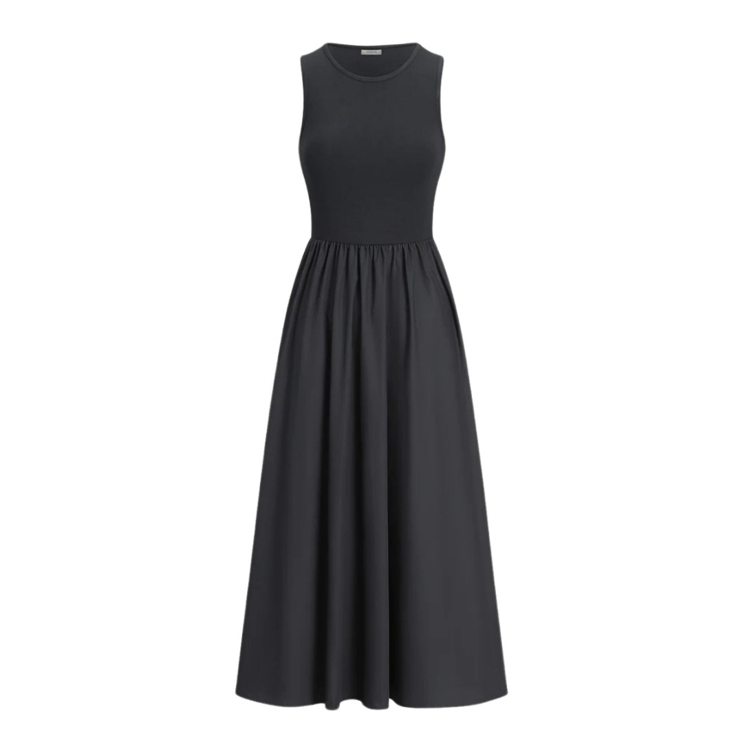 Damen Ärmelloses Midikleid Mit Rundhalsausschnitt und Geraffter Taille