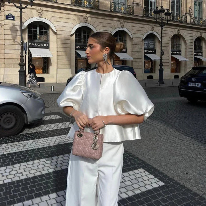 Damen Bluse mit übergroßen Puffärmeln und Rundhalsausschnitt