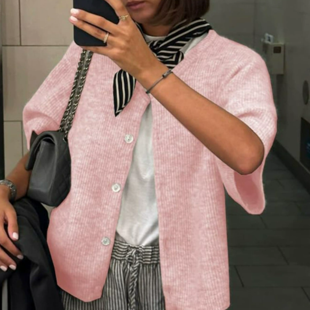 Damen-Cardigan, Kurzarm-Cardigan in Hellrosa, schmeichelhaftes Kurzarm-Cardigan für Damen