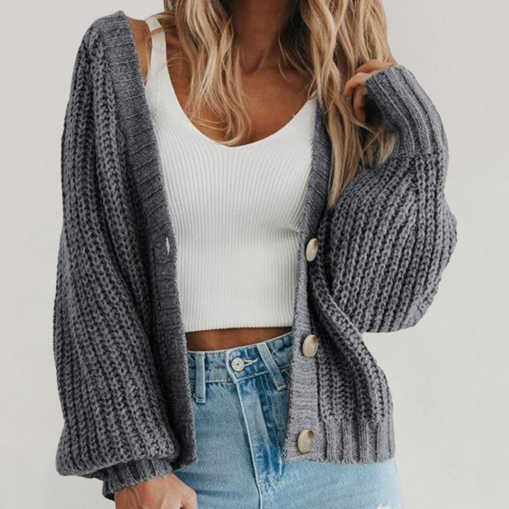 Damen Cardigan mit Knopfleiste vorn und breitem Rippbund