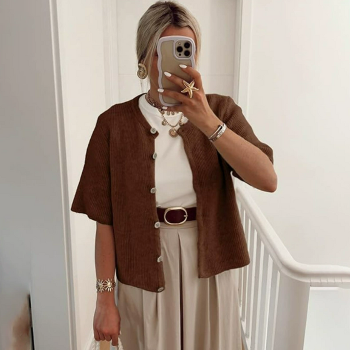 Damen Cardigan mit Rundhalsausschnitt und kurzen Ärmeln