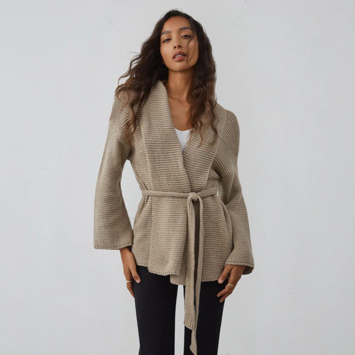 Damen Cardigan mit Schalkragen Taillengürtel und Rippstrickmuster