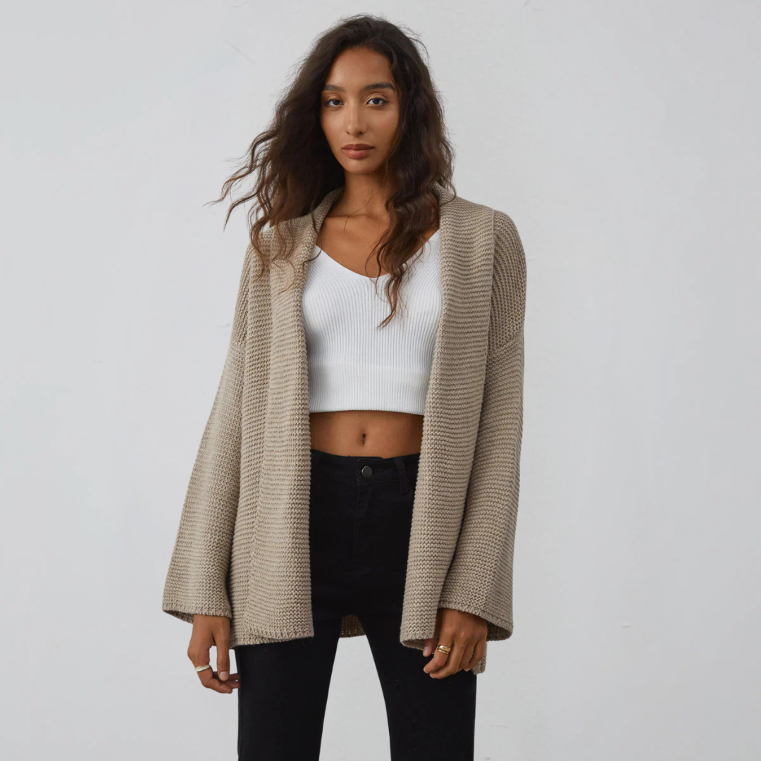 Damen Cardigan mit Schalkragen Taillengürtel und Rippstrickmuster