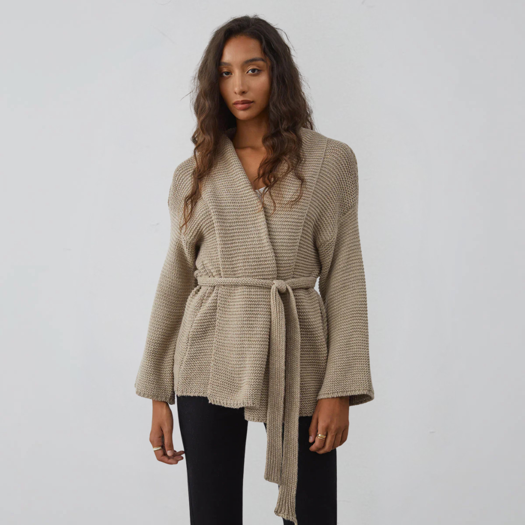 Damen Cardigan mit Schalkragen Taillengürtel und Rippstrickmuster