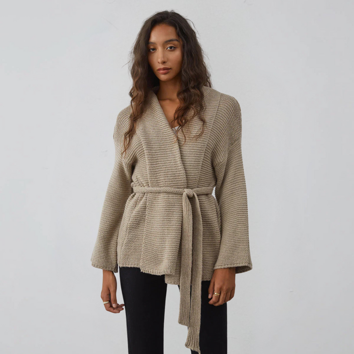 Damen Cardigan mit Schalkragen Taillengürtel und Rippstrickmuster