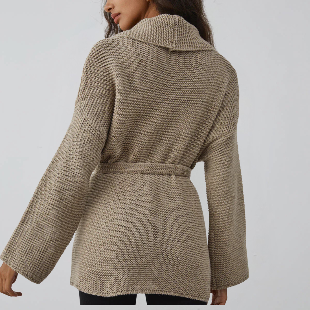 Damen Cardigan mit Schalkragen Taillengürtel und Rippstrickmuster
