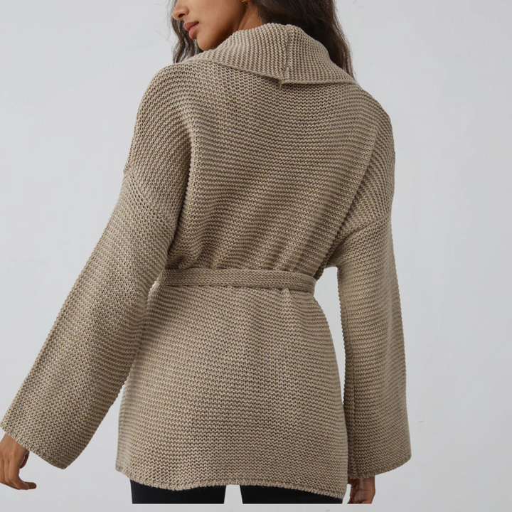 Damen Cardigan mit Schalkragen Taillengürtel und Rippstrickmuster