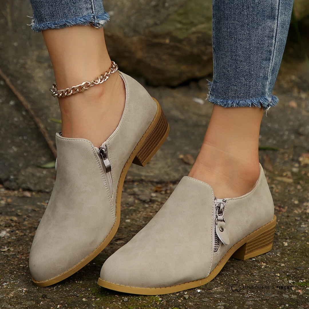 Damen Halbschuhe mit Blockabsatz und seitlichem Reißverschluss
