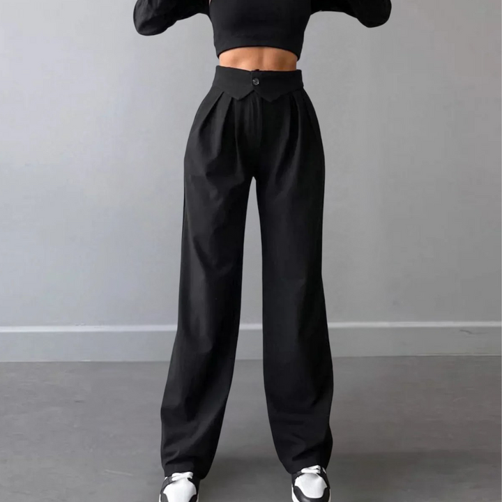 Damen High Waist Hose mit Frontfalten und weitem Beinabschluss
