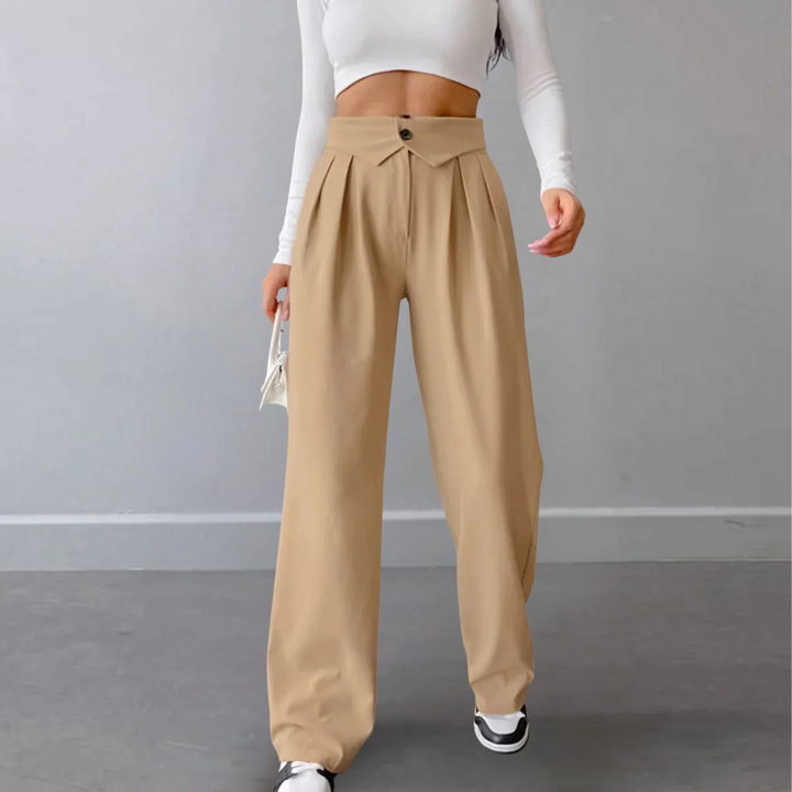 Damen High Waist Hose mit Frontfalten und weitem Beinabschluss