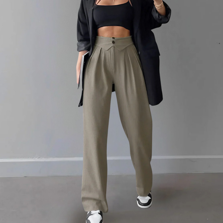 Damen High Waist Hose mit Frontfalten und weitem Beinabschluss