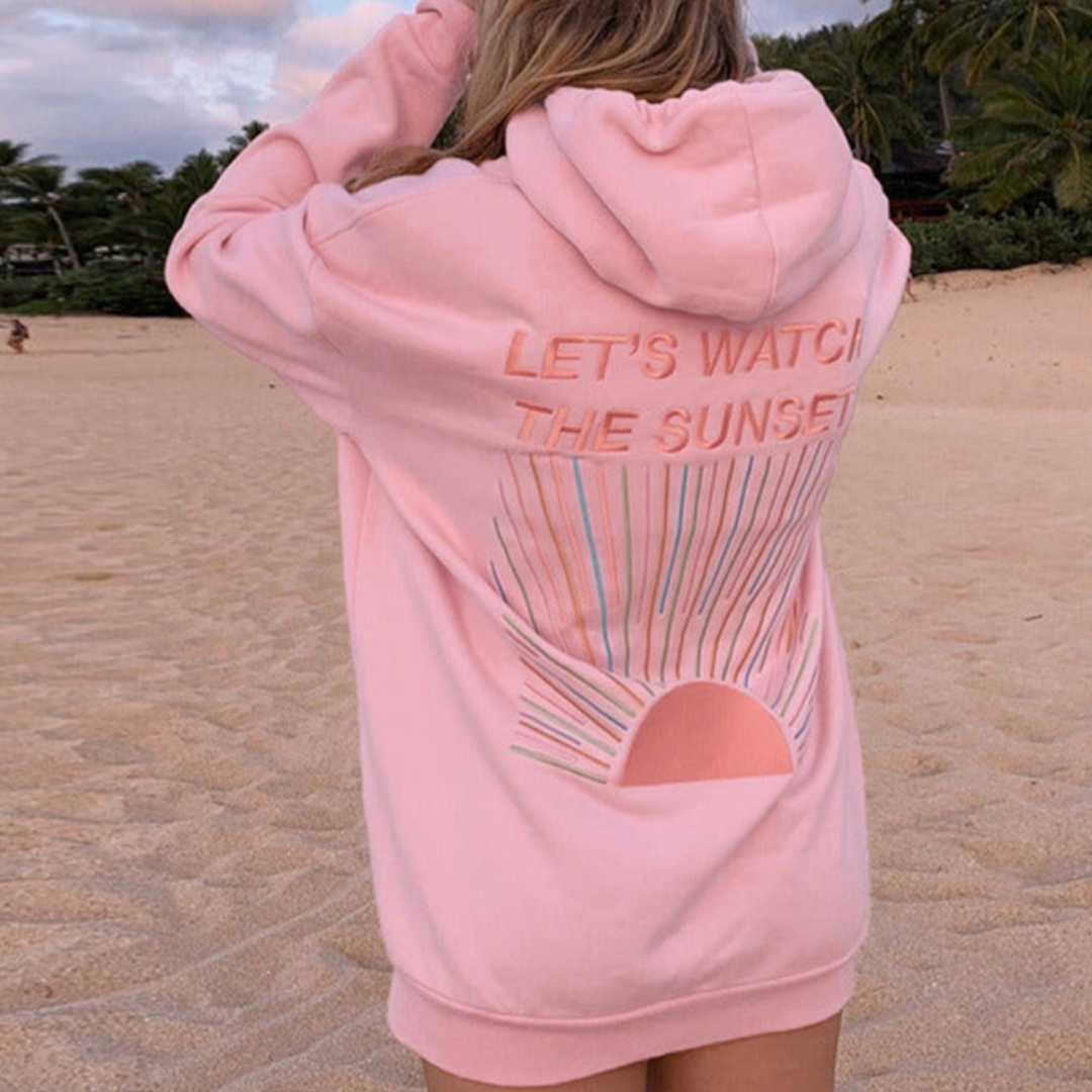 Damen Hoodie mit Sonnenmotiv auf dem Rücken und Rippbündchen