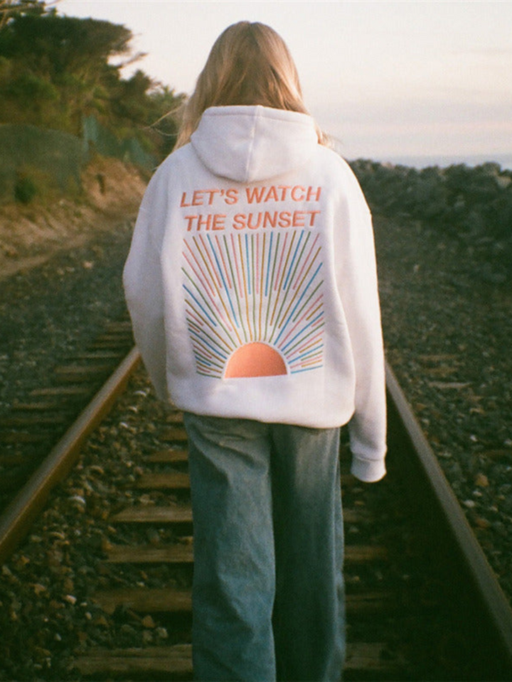 Damen Hoodie mit Sonnenmotiv auf dem Rücken und Rippbündchen