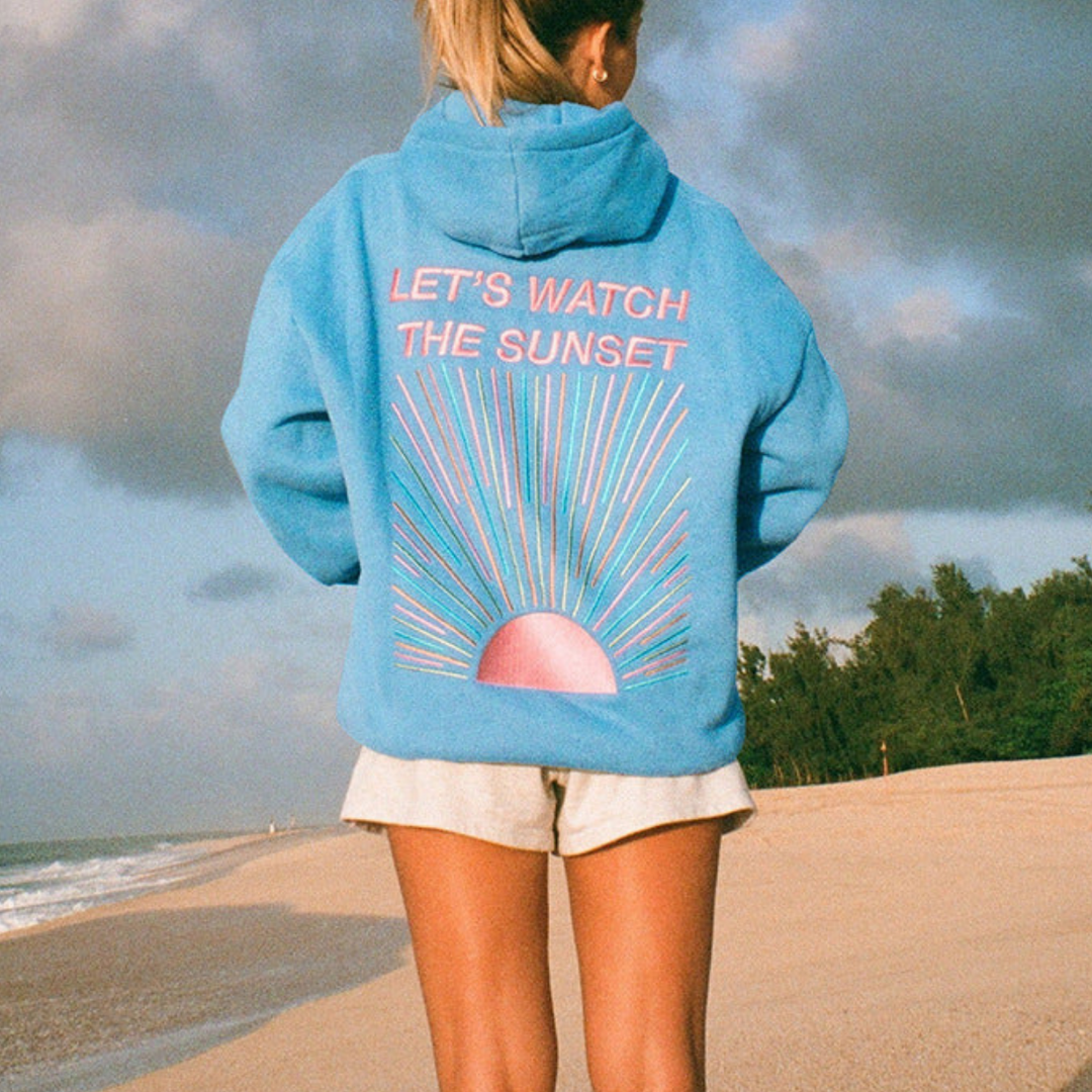 Damen Hoodie mit Sonnenmotiv auf dem Rücken und Rippbündchen