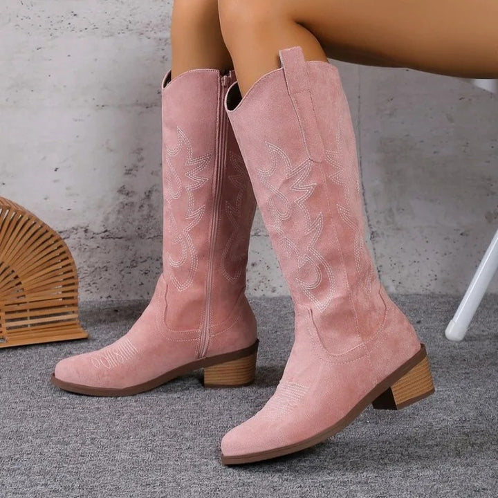 Damen-Kniehohe Stiefel mit Ziernähten und Seitlichem Reißverschluss
