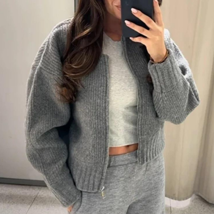 Damen Langarm Cardigan mit Reißverschluss und Rundhalsausschnitt