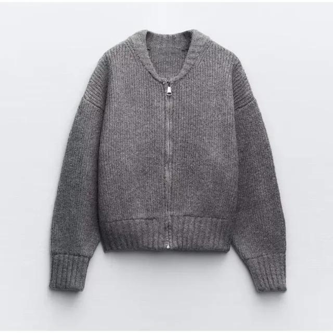 Damen Langarm Cardigan mit Reißverschluss und Rundhalsausschnitt