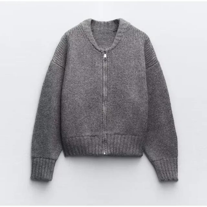 Damen Langarm Cardigan mit Reißverschluss und Rundhalsausschnitt