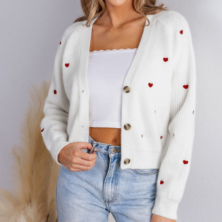 Damen Langarm-Cardigan mit V-Ausschnitt und Herzmotiven