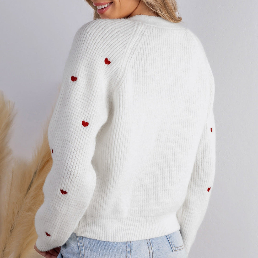 Damen Langarm-Cardigan mit V-Ausschnitt und Herzmotiven