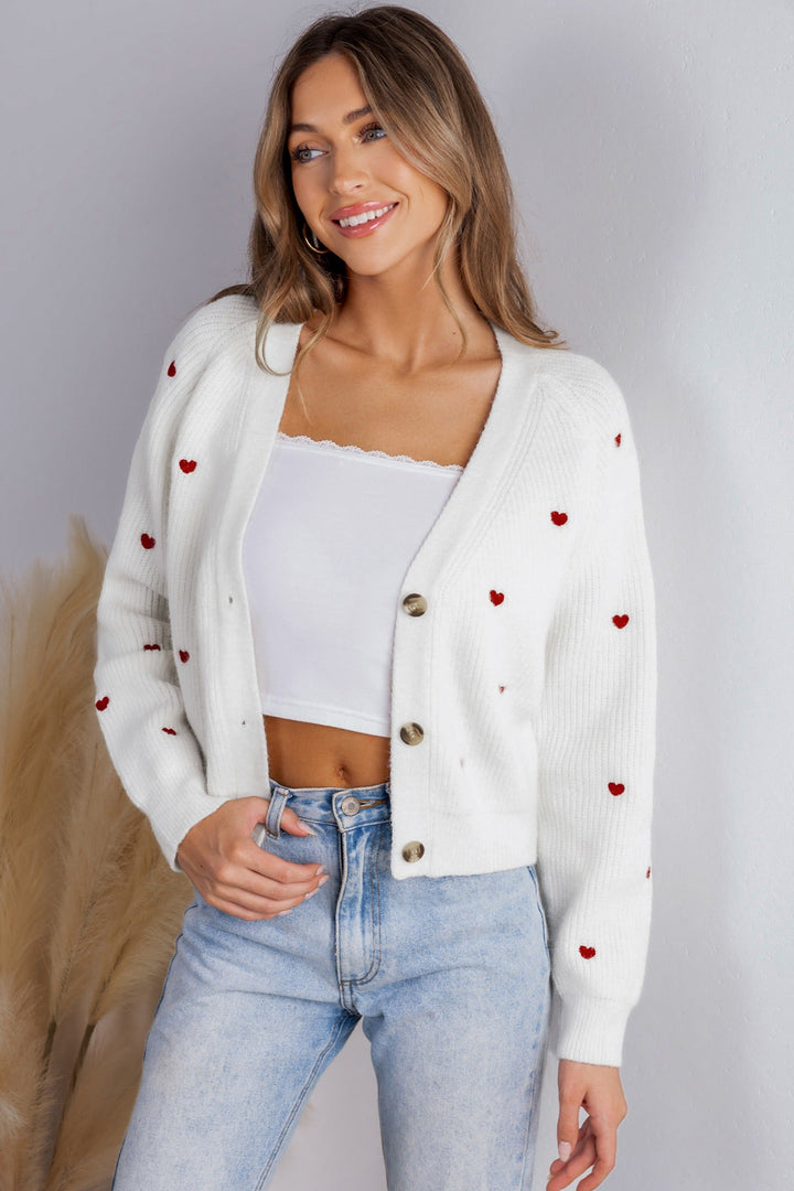 Damen Langarm-Cardigan mit V-Ausschnitt und Herzmotiven