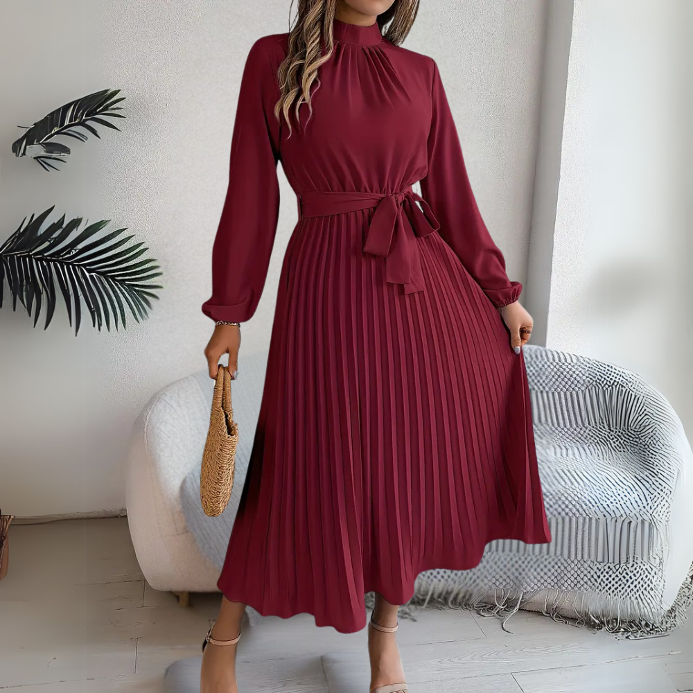 Raffinato abito midi plissettato con cintura in vita da donna