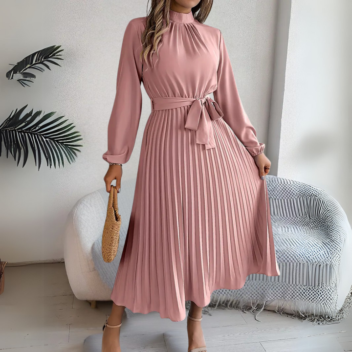 Raffinato abito midi plissettato con cintura in vita da donna