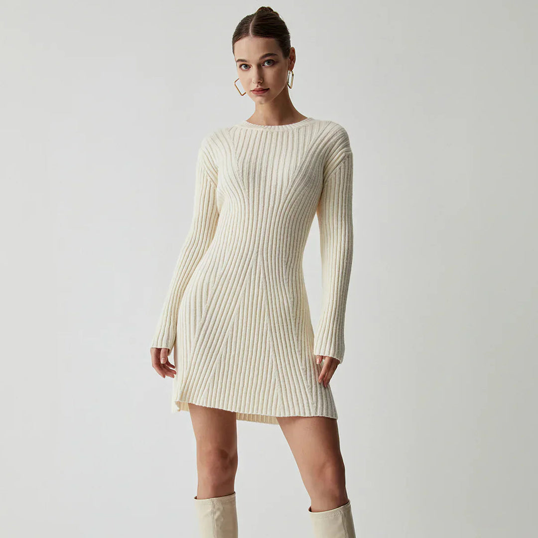 Damen Langarm Mini Strickkleid mit Rundhalsausschnitt und Rippstrickmuster
