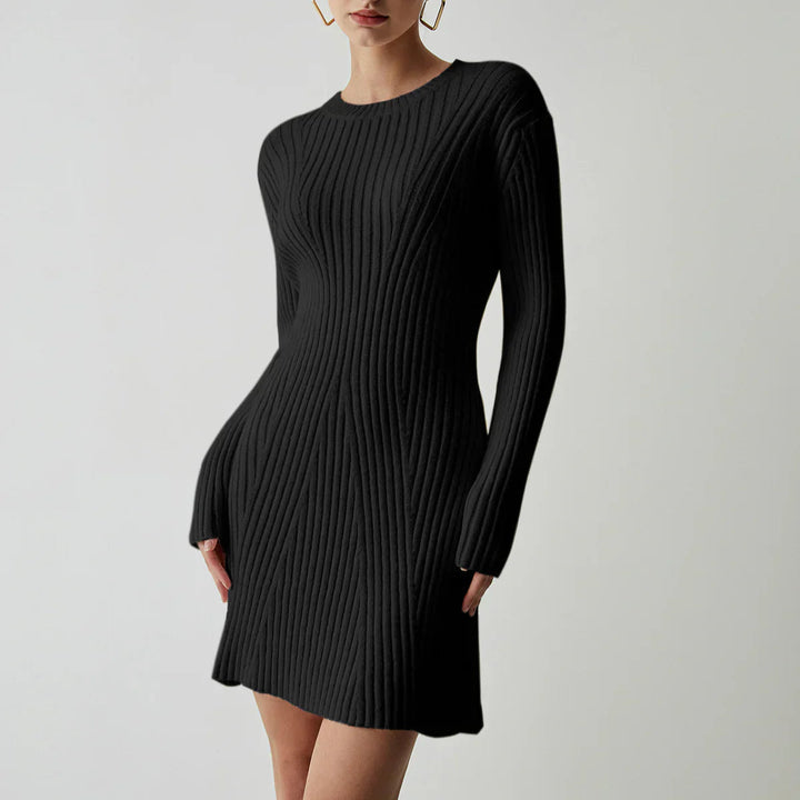 Damen Langarm Mini Strickkleid mit Rundhalsausschnitt und Rippstrickmuster