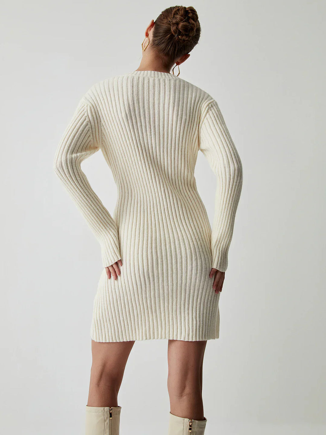 Damen Langarm Mini Strickkleid mit Rundhalsausschnitt und Rippstrickmuster