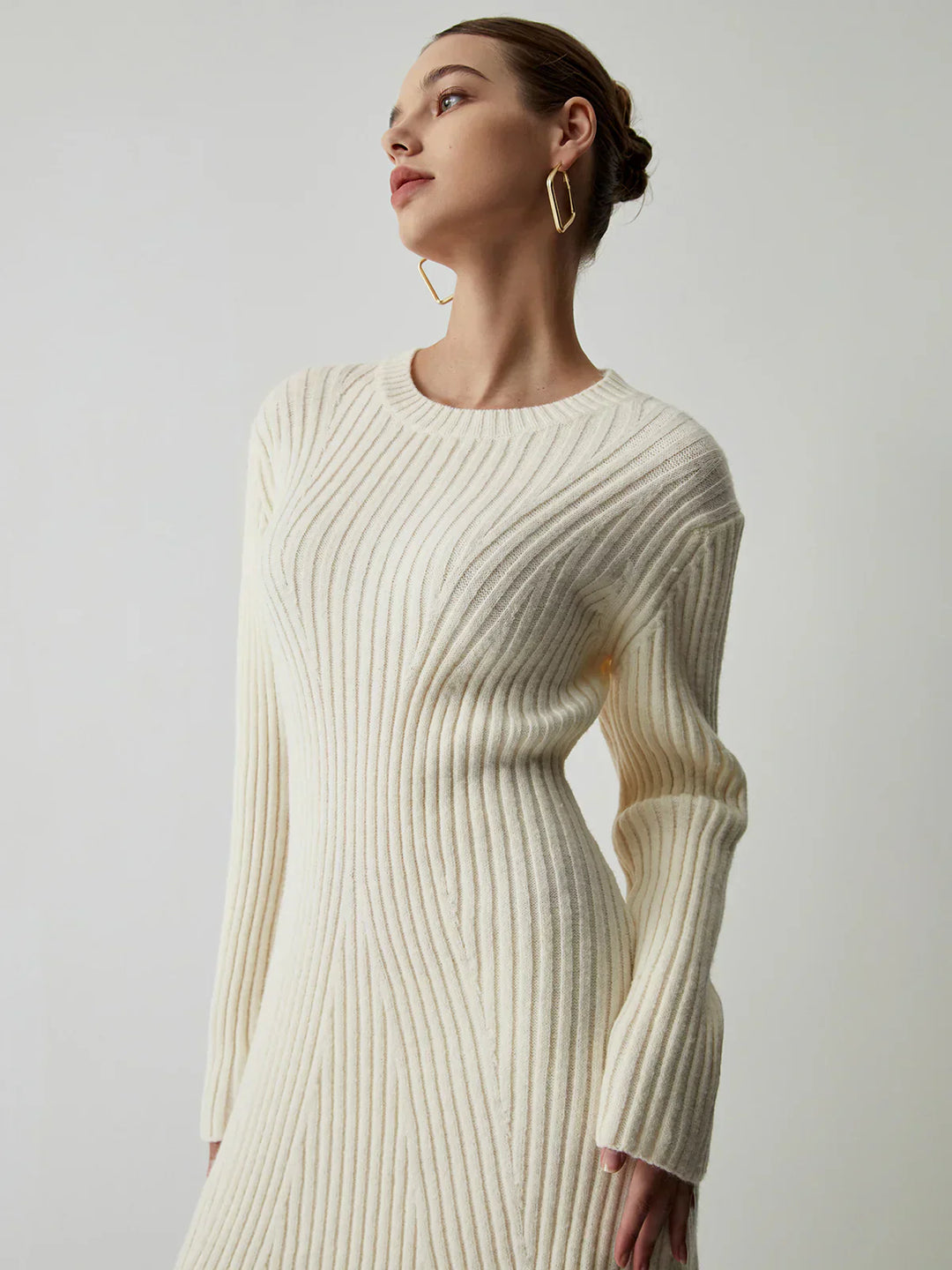 Damen Langarm Mini Strickkleid mit Rundhalsausschnitt und Rippstrickmuster