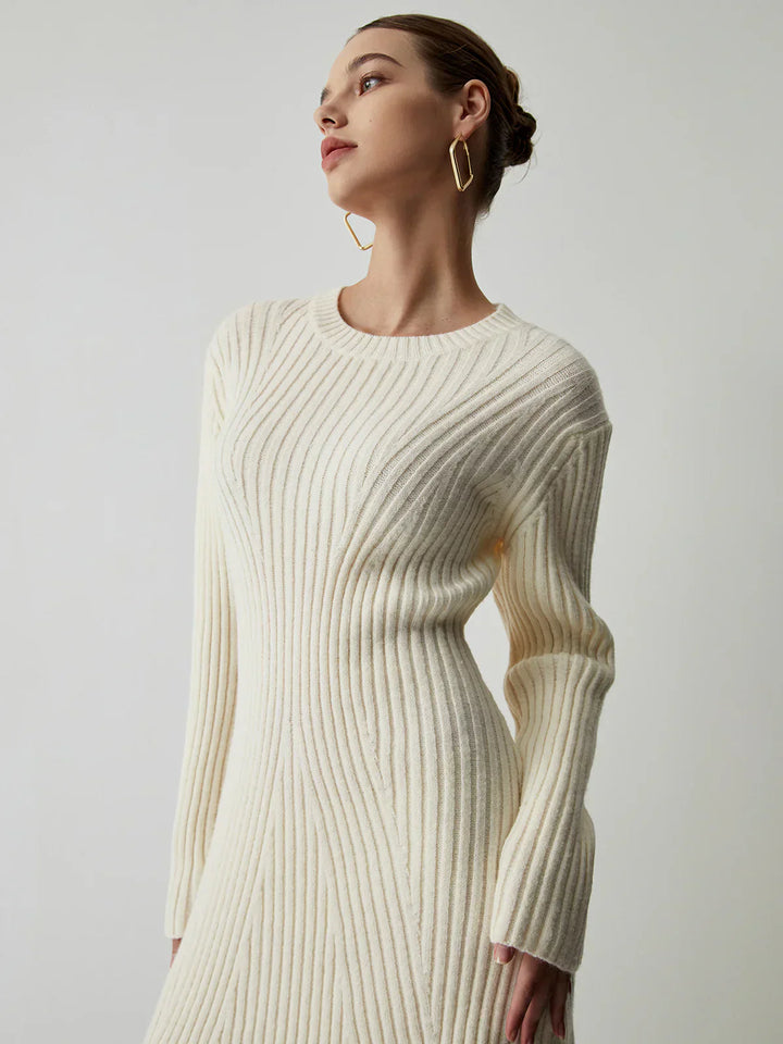 Damen Langarm Mini Strickkleid mit Rundhalsausschnitt und Rippstrickmuster
