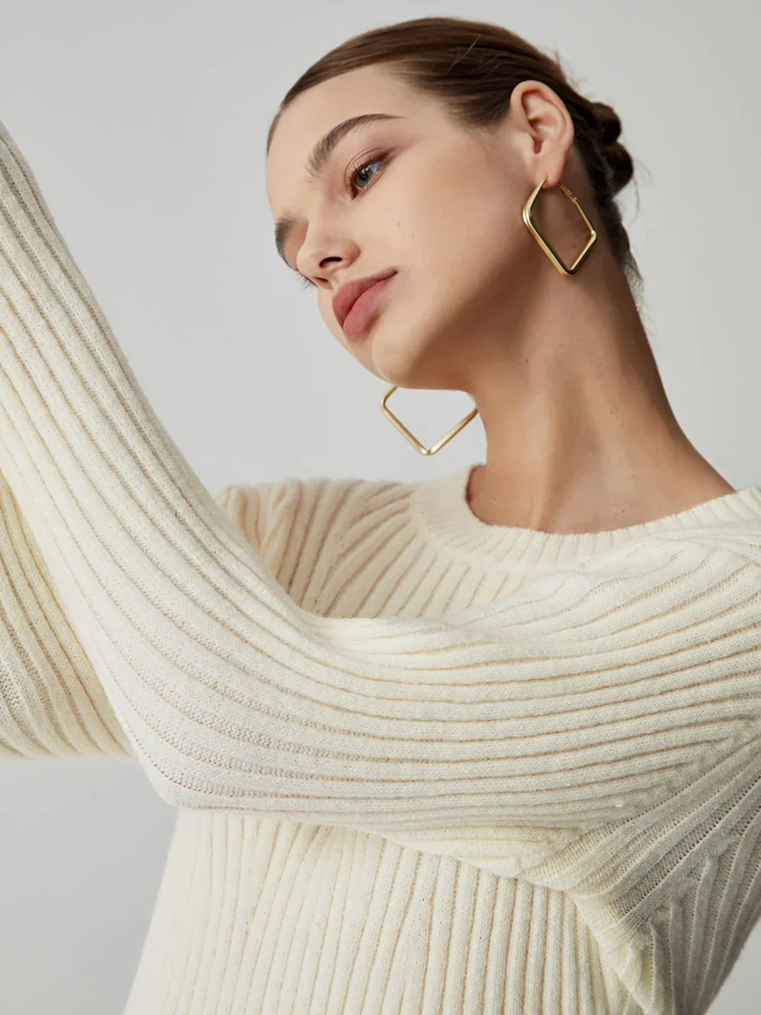Damen Langarm Mini Strickkleid mit Rundhalsausschnitt und Rippstrickmuster