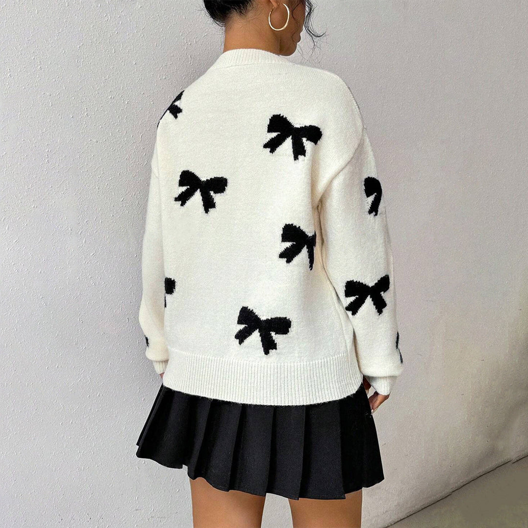 Damen-Langarm-Pullover mit Rundhalsausschnitt und Schleifenmotiven