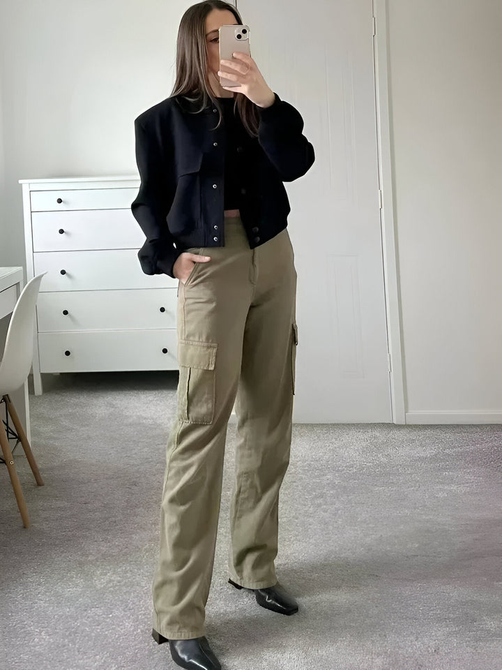 Damen Langarmjacke mit Druckknopfverschluss und Fronttaschen