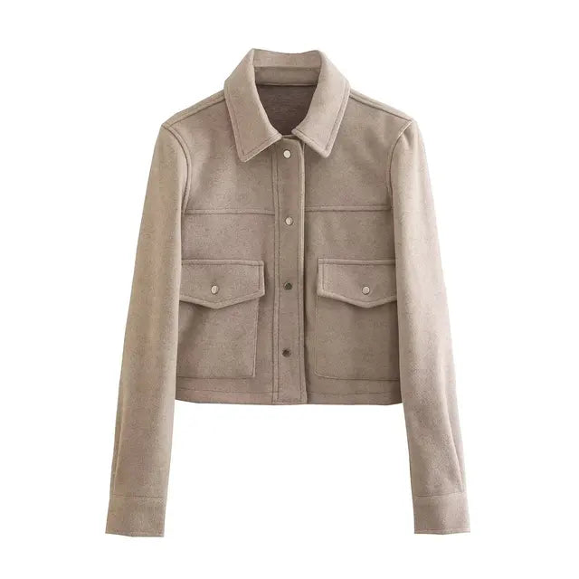 Damen Langarmjacke mit spitzem Kragen und Vorderen Pattentaschen