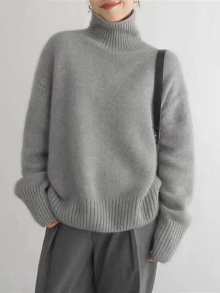 Damen Langarmpullover mit Rollkragen und breiten Rippbündchen