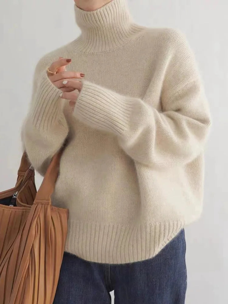Damen Langarmpullover mit Rollkragen und breiten Rippbündchen