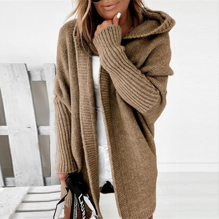Damen Long Cardigan mit weiter Kapuze und Rippbündchen